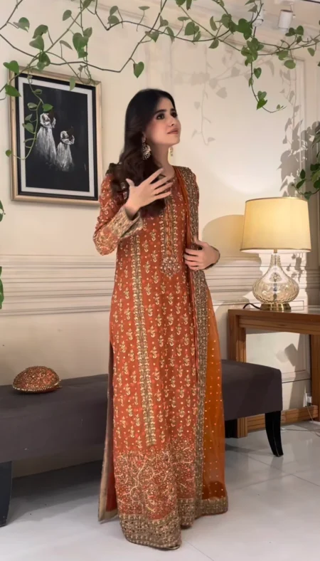 Nashra Chiffon Heavy Embroiered Wedding Collection - Rust Orange