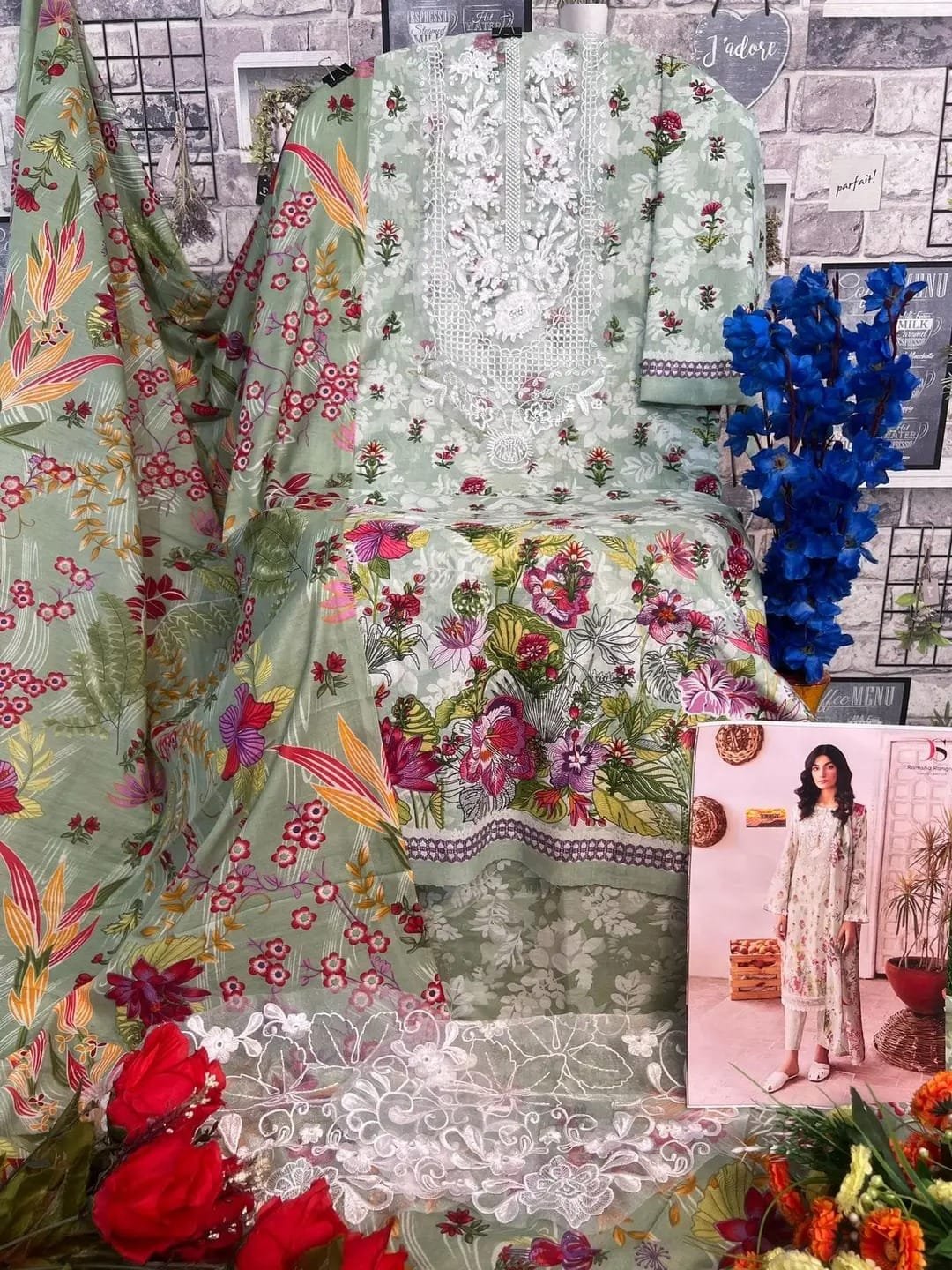 Ramsha Rangrez Indian Cotton With Patch - Green White - Image 2