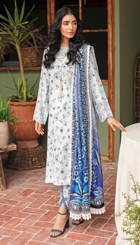 Ramsha Rangrez Indian Cotton With Patch - White Blue