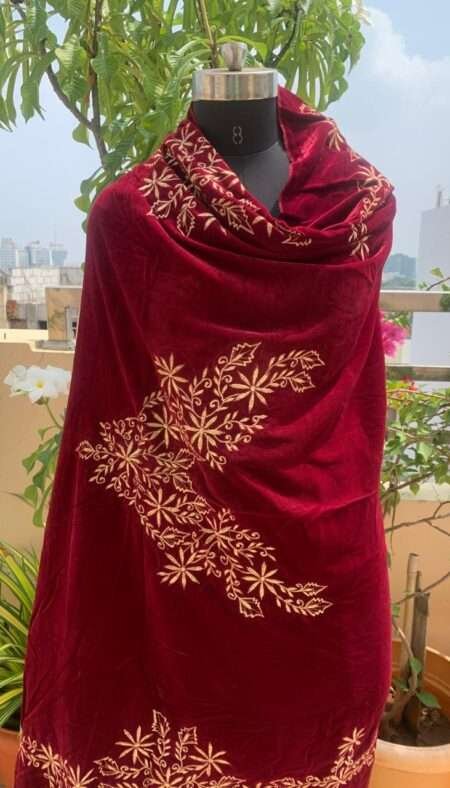 Emrboidered Velvet Shawl - Red