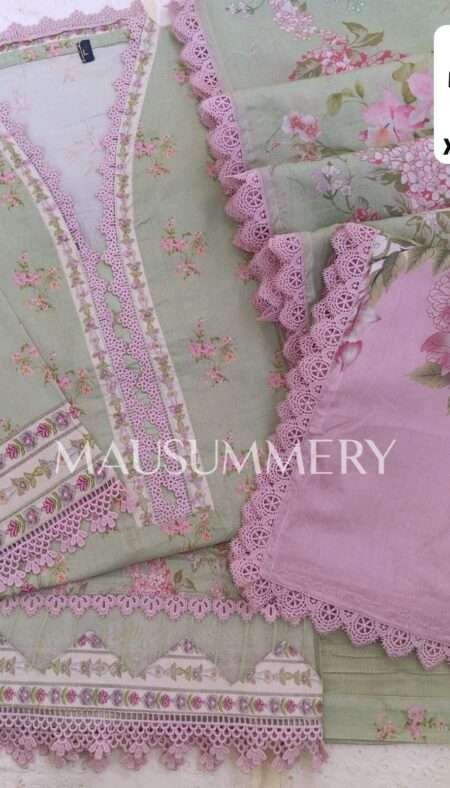 Mausummery Premium Stitched Lawn Suit - Green & Pink (XL)