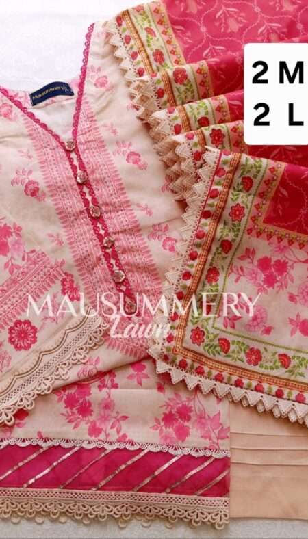 Mausummery Premium Stitched Lawn Suit - Pink Red - L